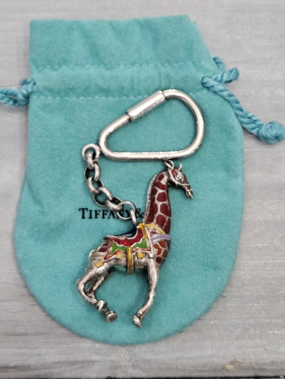 Rare Tiffany & Co. Sterling Silver Enamel Giraffe Keychain w/ Pouch